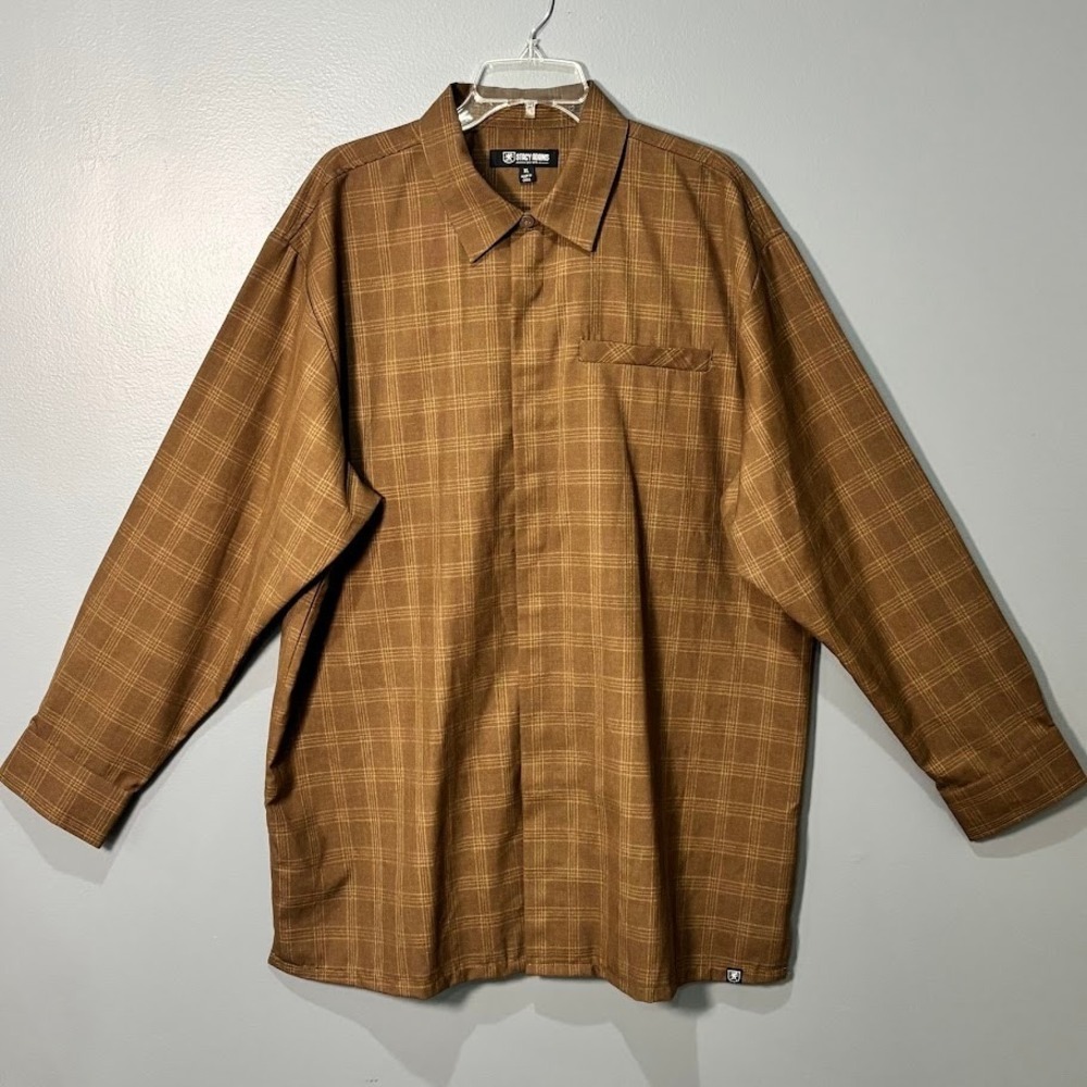 Stacy Adams Shirt Mns XL Brown Plaid Polyester Button Down Preppy Trendy Classic